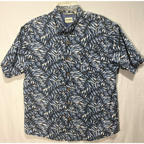 Dockers Hawiian Tropical Shirt L Men Blue White Floral Button Front Short Sleeve - Picture 2 of 9